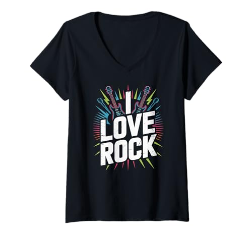 Damen I Love Rock Music E-Gitarre Kunst T-Shirt mit V-Ausschnitt Damen I Love Rock Music E-Gitarre Kunst T-Shirt mit V-Ausschnitt von Electric Guitar Music Rock Enthusiast