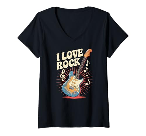 Damen I Love Rock E-Gitarre Musiknoten T-Shirt mit V-Ausschnitt von Electric Guitar Music Rock Lovers Enthusiasts