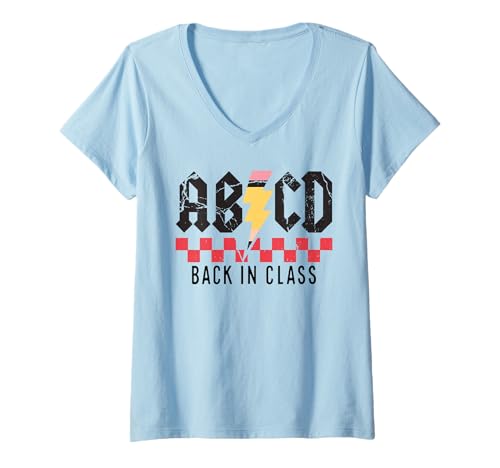 Damen Retro-ABCD Zurück in der Klasse Lightning Bolt Music Rock School T-Shirt mit V-Ausschnitt Damen Retro-ABCD Zurück in der Klasse Lightning Bolt Music Rock School T-Shirt mit V-Ausschnitt von Electric Rock Retro Lightning Bolt Apparel Co.
