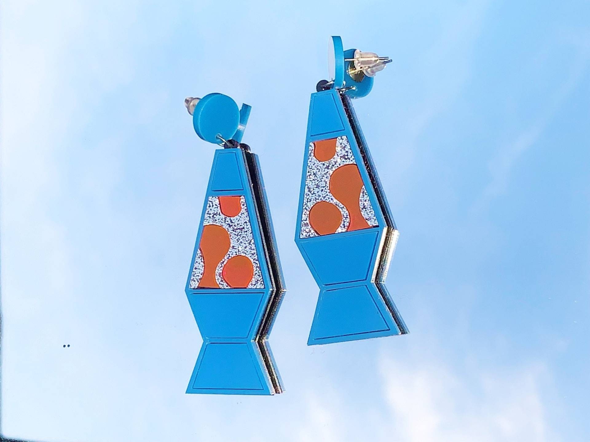 Lavalampe Ohrringe - Blau Und Orange Glitzer 70Er Acryl Kunststoff Groovy Sparkly Psychedelic Retro Lava Lampen 60Er Jahre Hippie Tropfen von ElectricWardrobeVntg