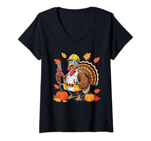 Damen Elektriker Job Thanksgiving Truthahn Herbst Blätter Kürbisse T-Shirt mit V-Ausschnitt Damen Elektriker Job Thanksgiving Truthahn Herbst Blätter Kürbisse T-Shirt mit V-Ausschnitt von Electrician Thanksgiving Costume