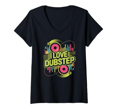 Damen Ich Liebe Dubstep Vibrant Lautsprecherdesign T-Shirt mit V-Ausschnitt Damen Ich Liebe Dubstep Vibrant Lautsprecherdesign T-Shirt mit V-Ausschnitt von Electronic Music Bass Party Vibes