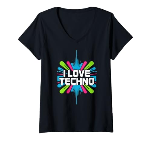 Damen Ich liebe Techno Rave Festival Vibes T-Shirt mit V-Ausschnitt Damen Ich liebe Techno Rave Festival Vibes T-Shirt mit V-Ausschnitt von Electronic Music Techno EDM Party
