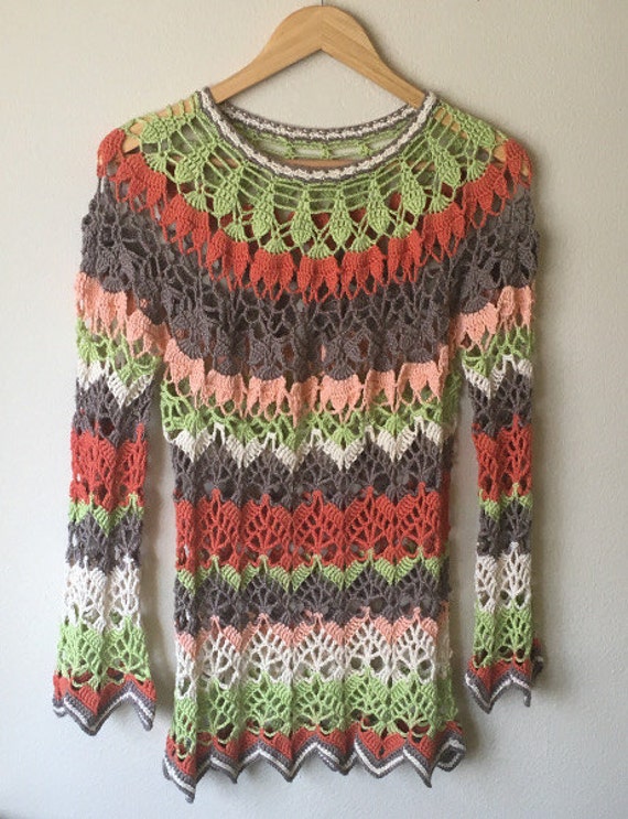 Boho Tunika, Mehrfarbiger Pullover, Handgehäkelter Baumwoll Sommerpullover, Badeanzug Vertuschen, Herbstfarben, Grösse S-L. Sofort Versandfertig von Eledjo