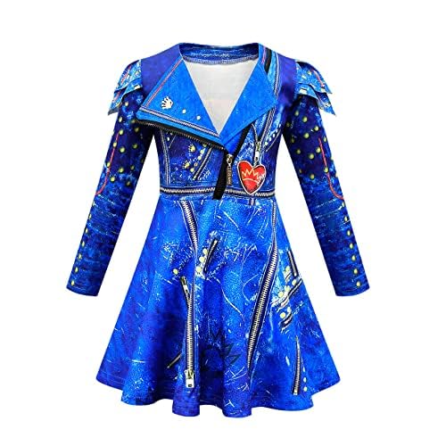 Eledobby Evie Descendants Kostüm Kleid für Mädchen Lange Ärmel V-Ausschnitt Kleider Kinder Cosplay Fancy Dress Halloween Dress Up Outfits Blau 7-8 Jahre von Eledobby