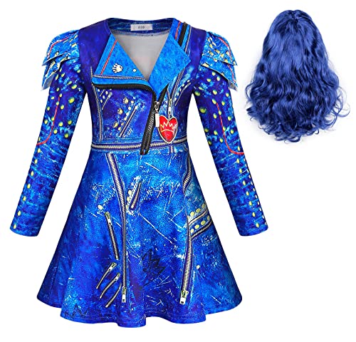 Eledobby Evie Descendants Kostüm Kleid mit Perücke für Mädchen Lange Ärmel V-Ausschnitt Kleider Kinder Cosplay Fancy Dress Halloween Dress Up Outfits Blau 6-7 Jahre von Eledobby