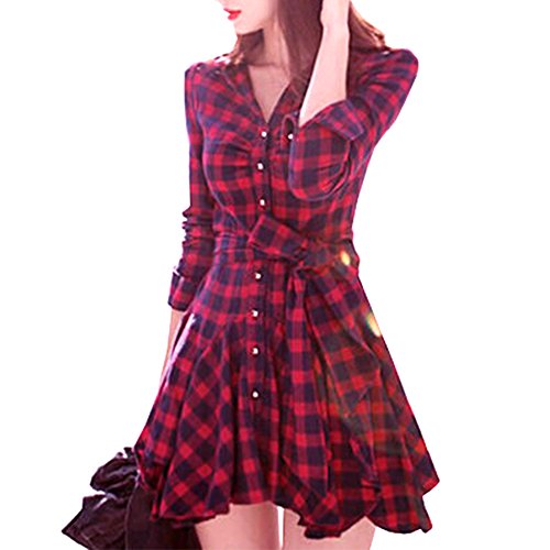 Eleery Damen Dünne Langarm V-Ausschnitt Tunika Lange Shirt Kariert Hemd plaid shirt Plaids Tops Bluse Mini Kleid (EU 38, Rot+Schwarz) von Eleery