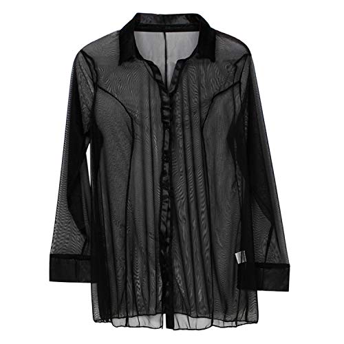 Eleery Damen Sexy Boyfriend Style Chiffon durchsichtig Bluse Hemd Schlafanzug Morgenmantel Bademantel (EU34/36/38/40, Schwarz) von Eleery