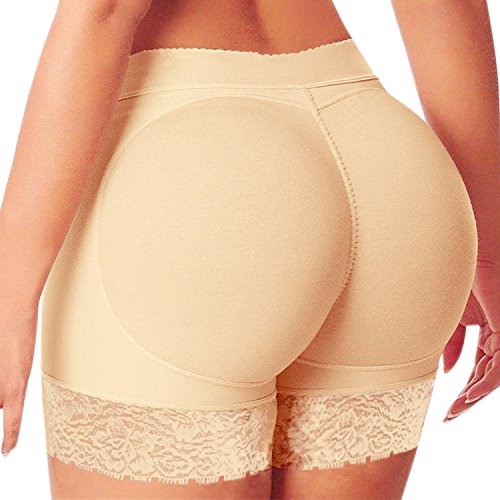 Petalum Damen Unterwäsche Po Push Up Unterhose Slip Panties Hoch Taille Spitze Padded Höschen Seamless Bodyshaper Shapewear EU 38-40 = Tag L Beige von Petalum