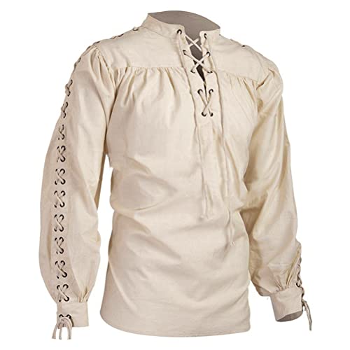 RYCUZYNU Unterwäsche Herren Lose Leinen Mittelalter Gothic Renaissance Hemd Langarm Piraten Söldner Kostüm, Beige, XL von RYCUZYNU