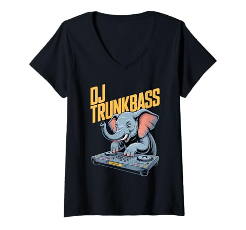 Damen DJ Trunkbass Elefant Am Pult Bass Musik Festival T-Shirt mit V-Ausschnitt von Elefant DJ Bass Musik EDM Techno Club