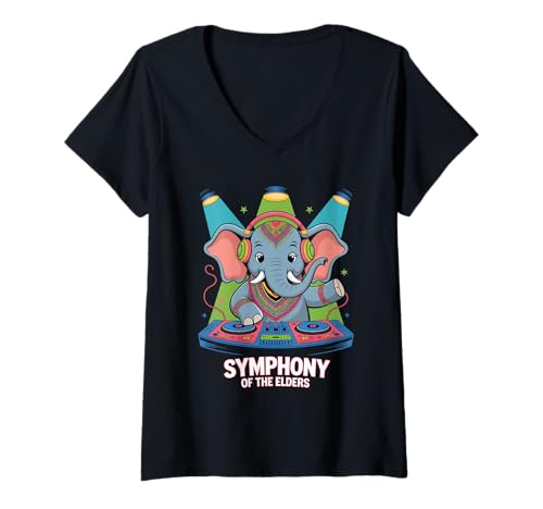 Damen Symphony of The Elders Dj Elephant T-Shirt mit V-Ausschnitt Damen Symphony of The Elders Dj Elephant T-Shirt mit V-Ausschnitt von Elefant Dj Animal Musik Tier Party