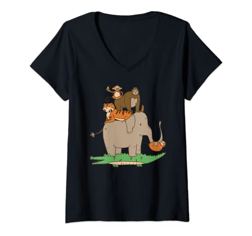 Damen Witzige Dschungel Tiere mit Elefant, Krokodil, Affe Tiger T-Shirt mit V-Ausschnitt von Elefant Elefanten Kleidung lustige witzige Sprüche