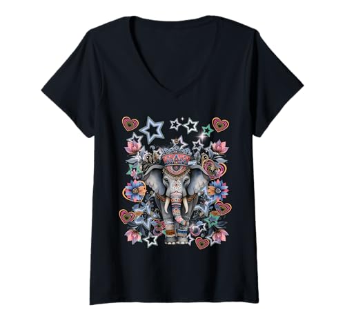 Damen Retro 80er Elefant Kind Elefanten Indien 60er Vintage Blume T-Shirt mit V-Ausschnitt von Elefant Kind Elefanten Wildtiere