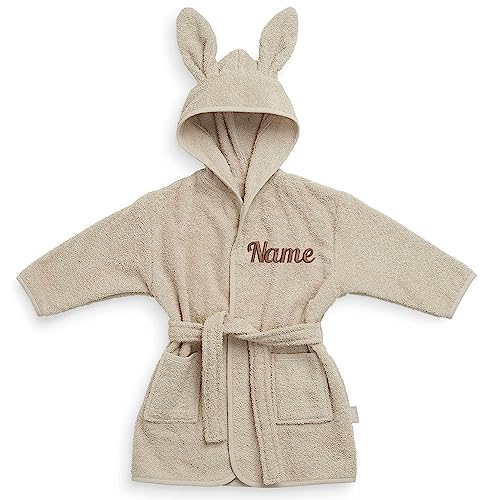 Personalisierter Bademantel mit Name bestickt für Kinder und Kleinkinder aus Frottee Baumwolle Beige 1-2 Jahre von Elefantasie