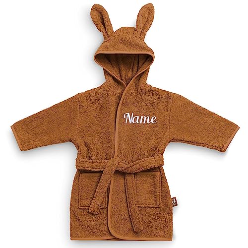 Personalisierter Bademantel mit Name bestickt für Kinder und Kleinkinder aus Frottee Baumwolle Caramel 1-2 Jahre von Elefantasie