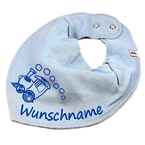 HALSTUCH mit Namen oder Text personalisiert für Baby oder Kind aus Baumwolle in Einheitsgröße Lokomotive hellblau von Elefantasie