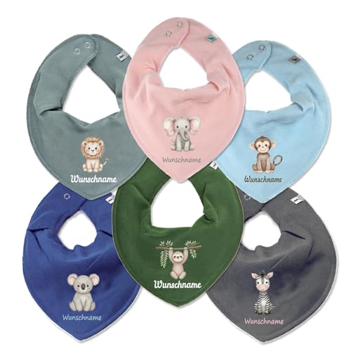 Elefantasie Personalisiertes HALSTUCH für Baby oder Kind aus Baumwolle in Einheitsgröße mit Motiv Auswahl Dschungel Tiere und Wunschname bedruckt (Eukalyptus) von Elefantasie