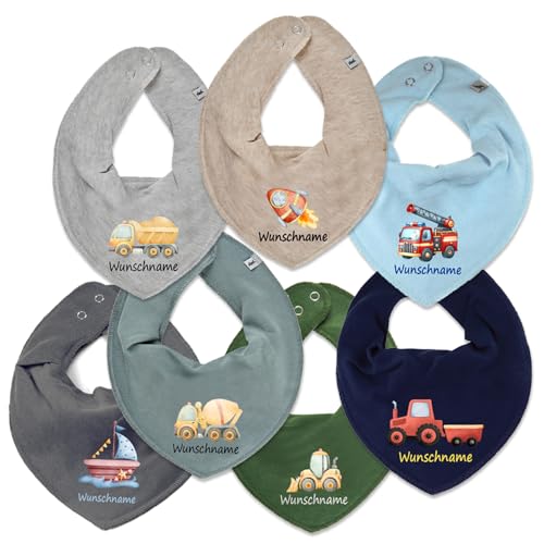 Elefantasie Personalisiertes HALSTUCH für Baby oder Kind aus Baumwolle in Einheitsgröße mit Motiv Auswahl Fahrzeug und Wunschname bedruckt eukalyptus von Elefantasie