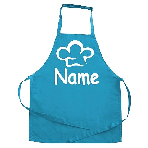 Elefantasie Personalisierte Schürze mit Name, Kochschürze für Backen, Kochen, Geschenkidee für Kinder und Erwachsene 11-99 Jahre türkis Motiv Kochmütze von Elefantasie