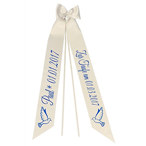 Elefantasie Taufschleife mit Taufdatum Namen und Geburtsdatum Personalisiert Schleife für Taufkleid Taufanzug Motiv Taube creme von Elefantasie