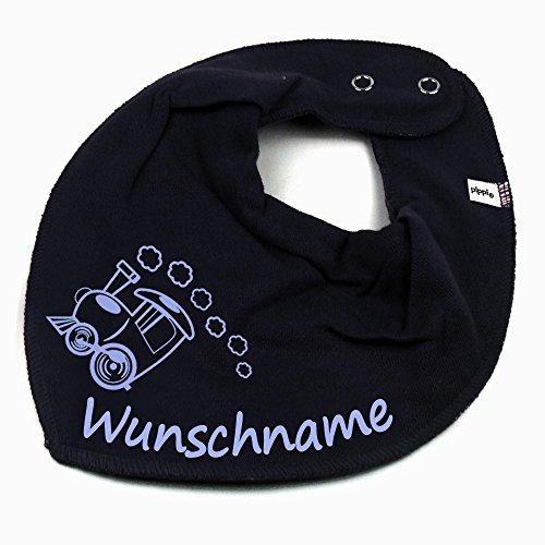 HALSTUCH mit Namen oder Text personalisiert für Baby oder Kind aus Baumwolle in Einheitsgröße Lokomotive blau von Elefantasie