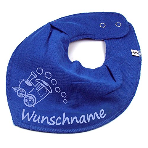 HALSTUCH mit Namen oder Text personalisiert für Baby oder Kind aus Baumwolle in Einheitsgröße Lokomotive mittelblau von Elefantasie