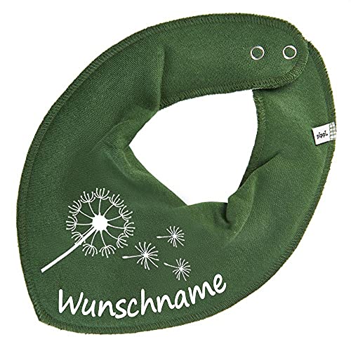 HALSTUCH mit Namen oder Text personalisiert für Baby oder Kind aus Baumwolle in Einheitsgröße Pusteblume dunkelgrün von Elefantasie