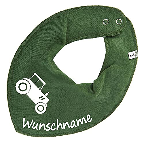 HALSTUCH mit Namen oder Text personalisiert für Baby oder Kind aus Baumwolle in Einheitsgröße Traktor dunkelgrün von Elefantasie