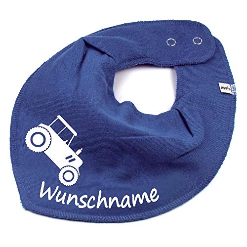 HALSTUCH mit Namen oder Text personalisiert für Baby oder Kind aus Baumwolle in Einheitsgröße Traktor taubenblau von Elefantasie