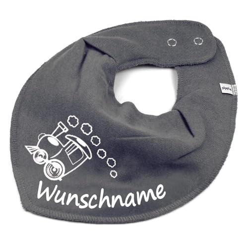 HALSTUCH mit Namen oder Text personalisiert für Baby oder Kind aus Baumwolle in Einheitsgröße Lokomotive dunkelgrau von Elefantasie