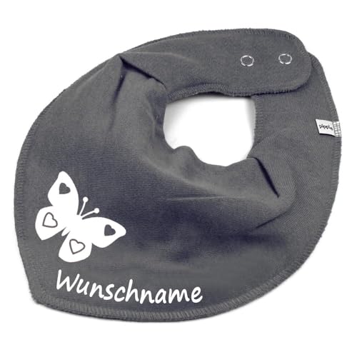 HALSTUCH mit Namen oder Text personalisiert für Baby oder Kind aus Baumwolle in Einheitsgröße Schmetterling dunkelgrau von Elefantasie