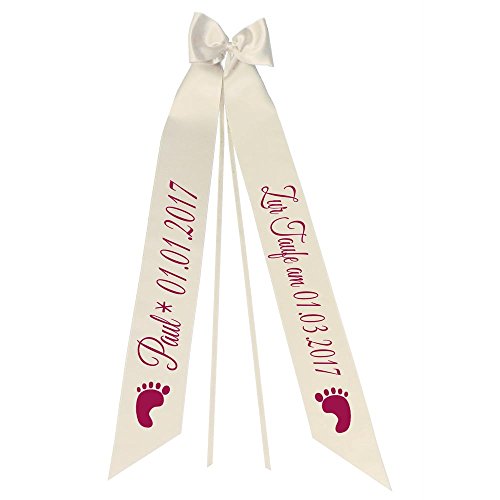 Elefantasie Taufschleife mit Taufdatum Namen und Geburtsdatum Personalisiert Schleife für Taufkleid Taufanzug Motiv Füße creme von Elefantasie