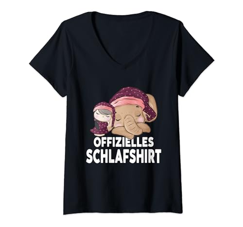 Damen Offizielles Schlafshirt Elefant und Mädchen schlafen T-Shirt mit V-Ausschnitt von Elefanten Fun Geschenkidee Langschläfer Faulenzer