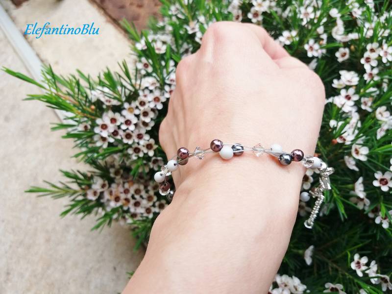Lila Burgundergraues Stahlkabelarmband Mit Perlen Und Swarovski-Kristallen, Perlenarmband, Jubiläum, Handgefertigt, Unikat, Nickelfrei Lila Burgundergraues Stahlkabelarmband Mit Perlen Und Swarovski-Kristallen, Perlenarmband, Jubiläum, Handgefertigt, Unikat, Nickelfrei von ElefantinoBlu