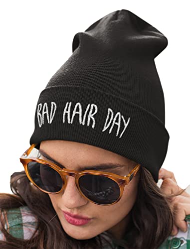 4sold Bad Hair Day Beanie Mütze (schwarz mit weißem Logo) Haube Wintermütze Strickmütze Einstickung Black cool modisch von 4sold