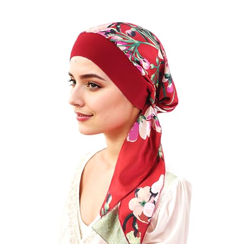 Elegance-go Kopftuch Turban Damen,Sommer Bedruckte Schal Elastische Turban Kopftücher Headwear Chemo Kopfbedeckung Baumwolle Turban Kappe für Frauen Haarausfall Krebs Chemo (Wine red lowers) von Elegance-go