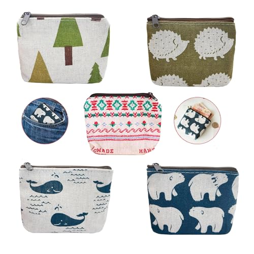 Mini Geldbörse,5 Stück Münze Geldbörse Niedlich Canvas Kleine Geldbeutel Kinder MüNztasche Münzbeutel Niedlich Mädchen Cartoon TäSchchen Mit ReißVerschluss für Münzen,Karten,Kopfhörer,Schlüssel von Elegance-go