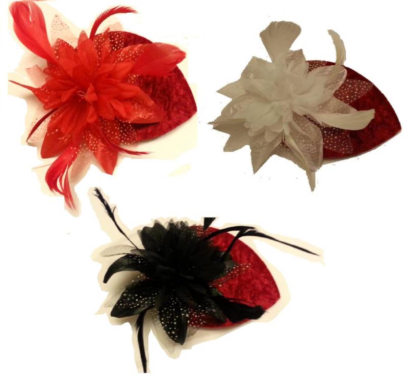 Red Hat Fascinator Kleiner Roter Samt-Teardrop-Hut-Feder Fascinator Rot, Weiß, Schwarze Blume Königliche Ascothut Rasse-Cocktailpartyhochzeitshut von EleganceHatinator