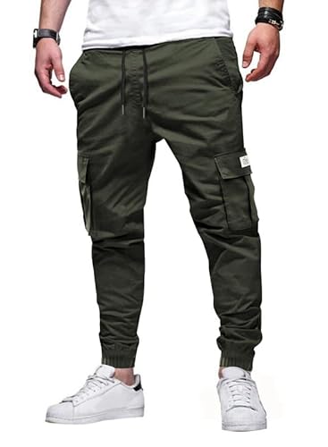 Elegancity Armee Grün Jogginghose Herren Cargohose Einfarbig Hose Männer Causal Sporthose Elastische Freizeithose mit 6 Tasche L von Elegancity