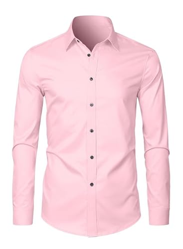 Elegancity Businesshemd Herren Pink Langarm Anzughemd Bügelleicht Elastisches Formalhemd Einfarbig Business Shirt Kent Kragen XL von Elegancity