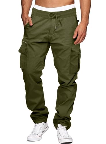 Elegancity Cargohose Herren Baumwolle Outdoorhose Lange Baggy Hose Casual Freizeithose Pants mit Drawstring Regular Grün S von Elegancity