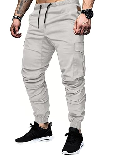 Elegancity Cargohose Herren Hellgrau Chino Hose mit 6 Taschen Cargo Hose Stretch Jogginghose für Männer mit Bundgummi Elastische Hosen L von Elegancity