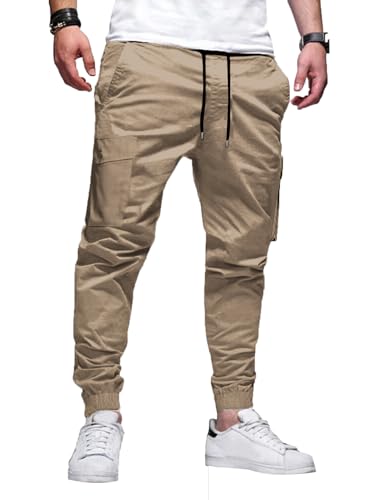 Elegancity Cargohose Herren Lang Casual Jogginghose Stretch Arbeitshosen Regular Fit Cargo Hosen Elastische Herren Freizeithose mit Taschen,Dunkles Khaki L von Elegancity