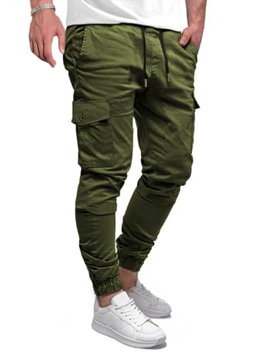 Elegancity Cargohose Herren Lang Casual Jogginghose Stretch Chino Hose Regular Fit Cargo Hose Elastische Mit 6 Tasche Grün, XXL von Elegancity
