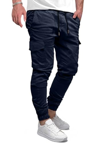 Elegancity Cargohose Herren Lang Casual Jogginghose Stretch Chino Hose Regular Fit Cargo Hose Elastische Mit 6 Tasche Marineblau, L von Elegancity