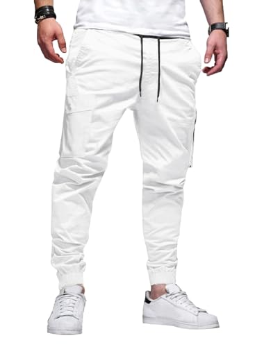 Elegancity Cargohose Herren Lang Casual Jogginghose Stretch Chino Hose Regular Fit Cargo Hose Elastische Mit 6 Tasche Weiß, XXL von Elegancity