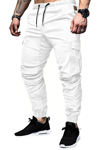 Elegancity Cargohose Herren Weiß Chino Hose mit 6 Taschen Cargo Hose Stretch Jogginghose für Männer mit Bundgummi Elastische Hosen L von Elegancity