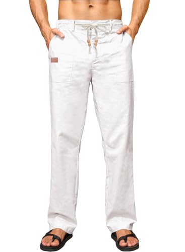 Elegancity Leinenhose Herren Sommerhose Yogahose Leichte Baggy Jogginghose Lang Stoffhose Herrenhosen Urlaub Freizeithose mit Kordelzug und Taschen Weiß XXXL von Elegancity
