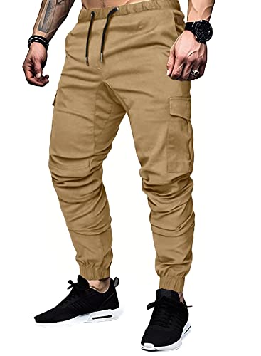 Elegancity Dunkel Khaki Cargohose Herren Chino Hose mit 6 Taschen Cargo Hose Stretch Jogginghose für Männer mit Bundgummi Elastische Hosen L von Elegancity